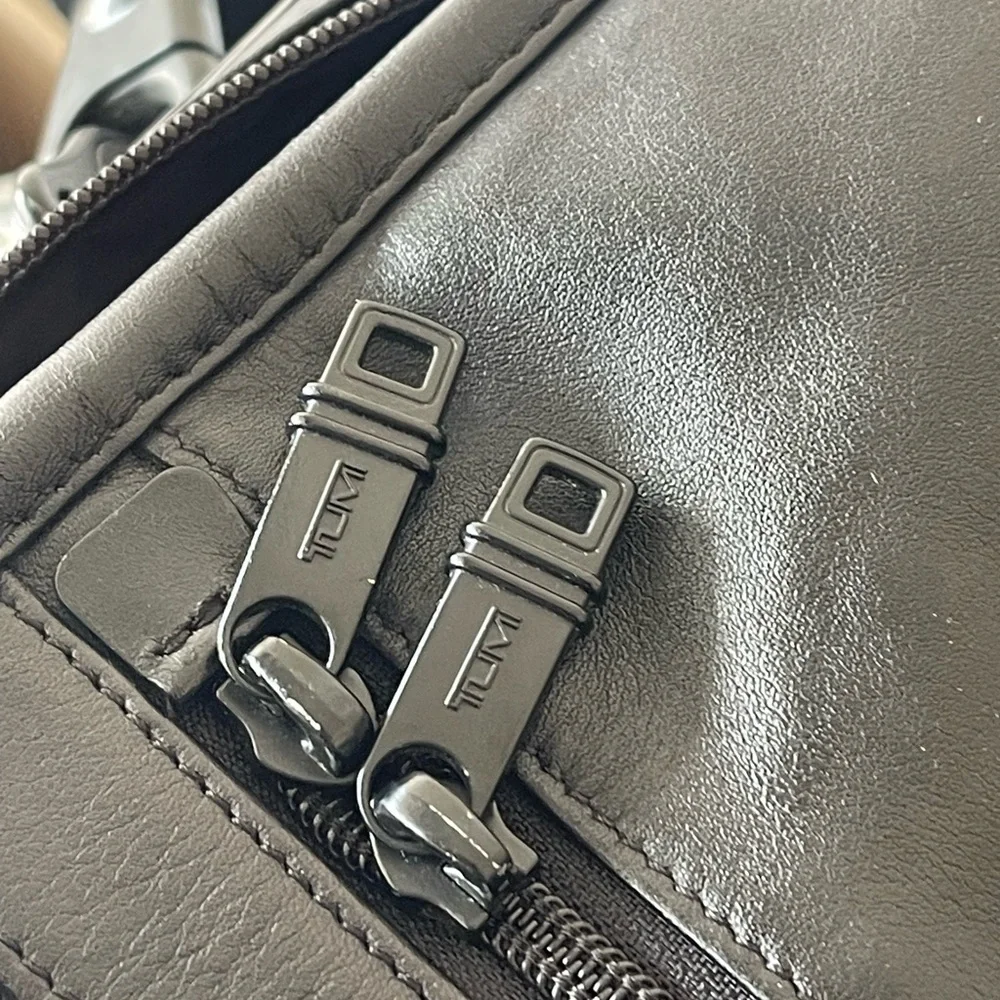 TUMI Black Leather Expandable Laptop Briefcase